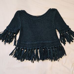Free People Teal Fringe Knit Sweater